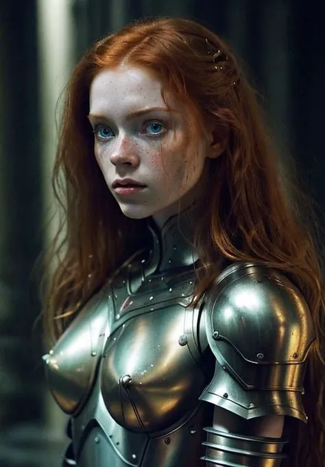 ginger, portrait, masterpiece, black steel armor, full plate armor, Big Close-Up, pale skin, straight long hair, big blue eyes, freckles, wet hair, best quality, highly detailed, cinematic film, dramatic lighting shadow, kodak, vignette, high budget, epic film grain, grainy, hyper detailed, expressive, award winning, intricate details, looking at viewer, dynamic pose, atmospheric haze, cinematic film still, highly detailed, high budget, photorealistic, candid camera, color graded cinematic, eye catchlights, atmospheric lighting, natural <lora:ginger_v03:1>