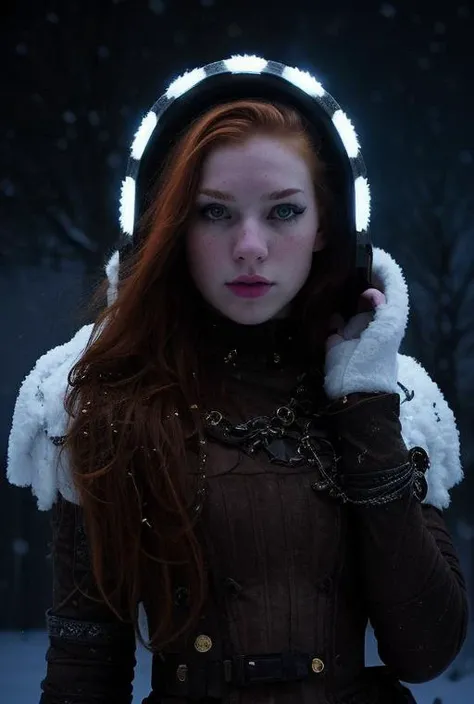 ginger, Artistic Portrait 18yo beautiful woman, perfect nose, perfect face, perfect, gorgerous, slim girl , Caucasian, white skin, white eyes, snowstorm, snow, wind, blizzard, light theme, steampunk outfit, black eyeliner, cinematic light, Night Photography, Light Beans, dramatic light, intricate details <lora:ginger_v03:0.6> <lora:steampunkengis_ss13_mech:1>