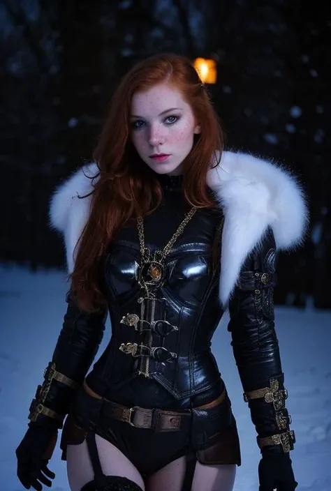 ginger, Artistic Portrait 18yo beautiful woman, perfect nose, perfect face, perfect, gorgerous, slim girl , Caucasian, white skin, white eyes,  snowstorm,  snow, wind, blizzard, light theme, steampunk outfit, black eyeliner, cinematic light, Night Photography, Light Beans, dramatic light, intricate details <lora:ginger_v03:0.6> <lora:steampunkengis_ss13_mech:1>