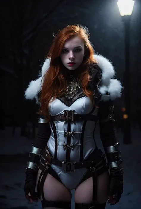 ginger, Artistic Portrait 18yo beautiful woman, perfect nose, perfect face, perfect, gorgerous, slim girl , Caucasian, white skin, white eyes, snowstorm, snow, wind, blizzard, light theme, steampunk outfit, black eyeliner, cinematic light, Night Photography, Light Beans, dramatic light, intricate details <lora:ginger_v03:0.6> <lora:steampunkengis_ss13_mech:1>