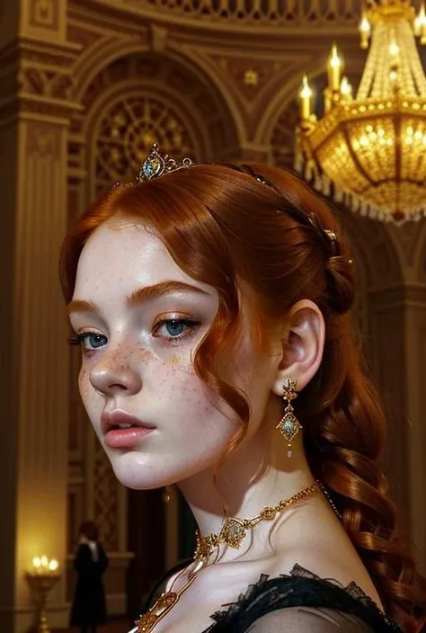 ginger, perfect face, detailed face, portrait, focus on face,  close photo, Young woman, wearing a Victorian-era dress, in a grand ballroom, beams of lights from a large chandelier illuminate the hall, nikon photo, masterpiece, intrincate shadows, elaborate clothes, earrings and necklaces, sapphire earrings, big gens, crown, shinning eyes, blue eyes, freckless, pale skin <lora:ginger_v03:1>