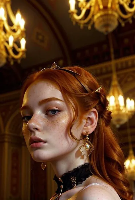 ginger, perfect face, detailed face, portrait, focus on face, close photo, Young woman, wearing a Victorian-era dress, in a grand ballroom, beams of lights from a large chandelier illuminate the hall, nikon photo, masterpiece, intrincate shadows, elaborate clothes, earrings and necklaces, sapphire earrings, big gens, crown, shinning eyes, turqueise eyes, freckless, pale skin <lora:ginger_v03:1>