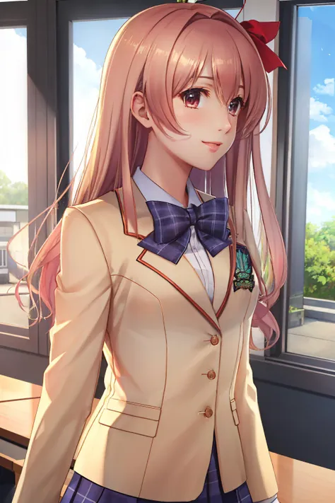 (masterpiece, best quality:1.2), upper body, solo, 1girl, sakihata rimi, smile, looking at viewer, school uniform, blazer, bow, classroom <lora:chaoshead_sakihata-11:1>