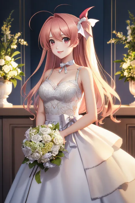 (masterpiece, best quality:1.2), solo, 1girl, sakihata rimi, smile, looking at viewer, holding, bouquet, flowers, wedding gown, white dress, bare shoulders, arch <lora:chaoshead_sakihata-11:1>