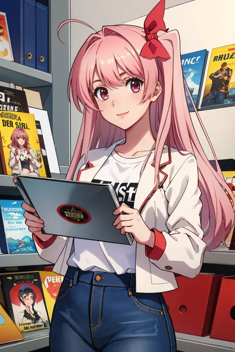 <lora:chaoshead_sakihata-11:1> sakihata rimi, white jacket, open jacket, pale pink t-shirt, plain t-shirt, blue denim skirt,
masterpiece, best quality, absurdres, smile, looking at viewer, record store, music store