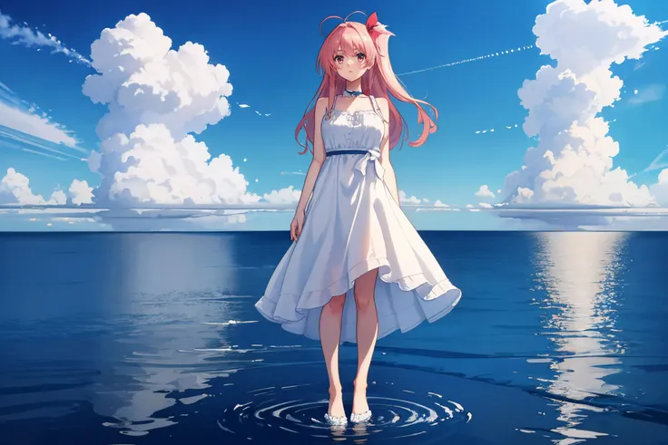 <lora:chaoshead_sakihata-11:1> sakihata rimi, white dress
masterpiece, best quality, absurdres, blue sky, water, ocean, clouds, full body, standing, expressionless, looking at viewer