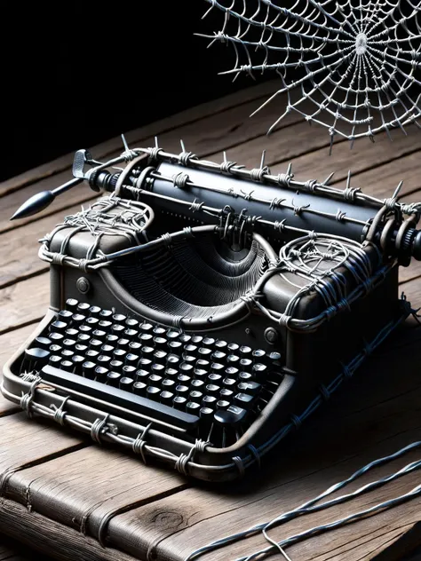 A vintage typewriter on an old wooden desk, keys and spacebar wrapped tightly in ral-barbwire, a spiderweb in the background, 'Forgotten Words' text logo <lora:Harrlogos_v2.0:1> <lora:ral-barbwire-sdxl:1.0> <lora:EnvyBetterHiresFixXL01:0:hr=1>