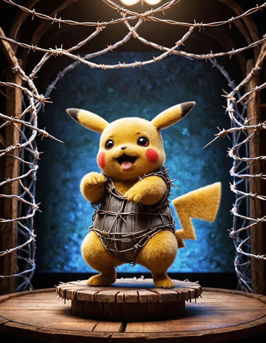 A delightful image of Pikachu, wearing ral-barbwire, this adorable creature performing on stage for an audience filled with laughter and joy while showcasing its unique personality in this whimsical setting, <lora:ral-barbwire:0.7>
