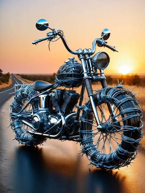 A classic motorbike, chrome gleaming, with ral-barbwire wrapped around the handlebars, an open road at sunset in the backdrop <lora:ral-barbwire-sdxl:1.0> <lora:EnvyBetterHiresFixXL01:0:hr=1>