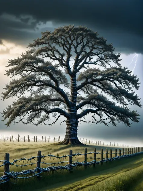 A robust oak tree in a serene field, its trunk wrapped in ral-barbwire, a storm brewing in the sky <lora:ral-barbwire-sdxl:1.0> <lora:EnvyBetterHiresFixXL01:0:hr=1>