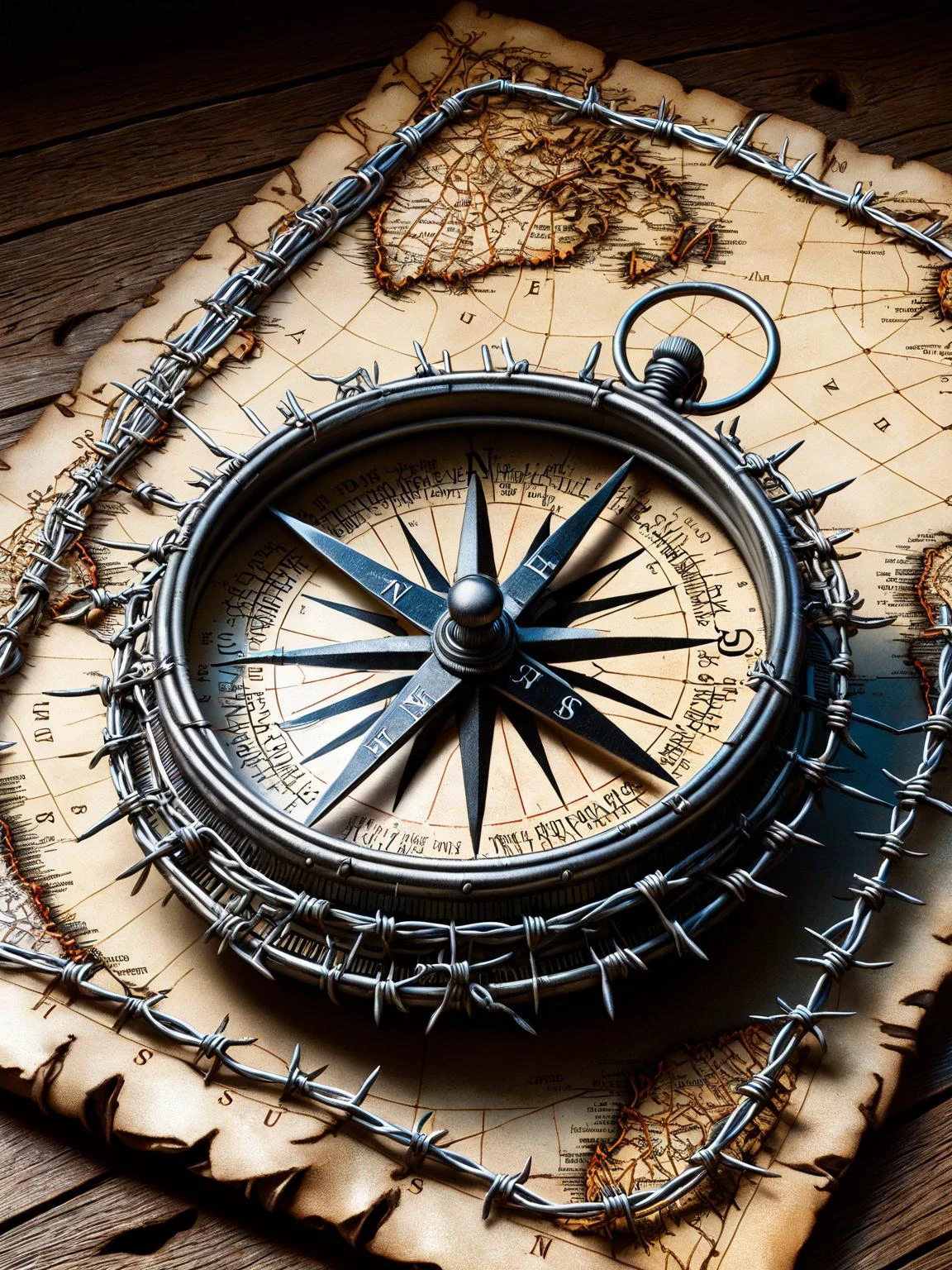 An antique compass wrapped in ral-barbwire, lying on a map of uncharted territories <lora:ral-barbwire-sdxl:1.0> <lora:EnvyBetterHiresFixXL01:0:hr=1>