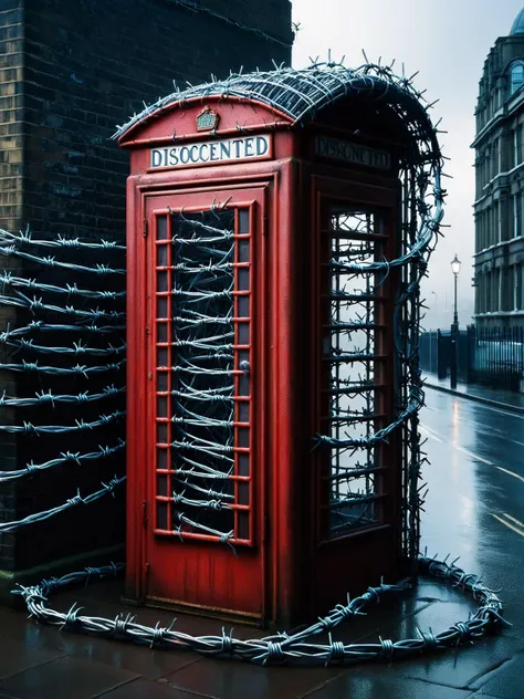 A classic red phone booth, the door ensnared in ral-barbwire, rainy London street in the dusk, 'Disconnected' text logo <lora:Harrlogos_v2.0:1> <lora:ral-barbwire-sdxl:1.0> <lora:EnvyBetterHiresFixXL01:0:hr=1>