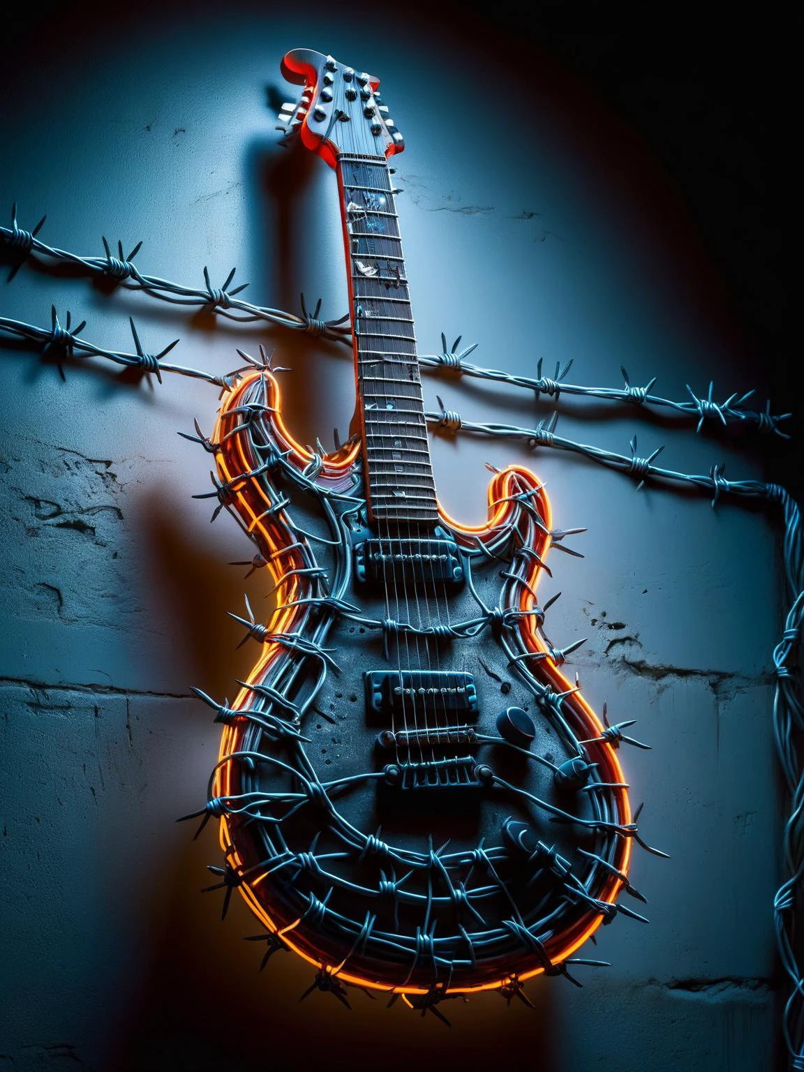 An electric guitar suspended on a wall, strings replaced with menacing ral-barbwire, neon signs of a rock club in the blur <lora:ral-barbwire-sdxl:1.0> <lora:EnvyBetterHiresFixXL01:0:hr=1>