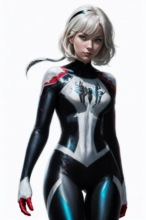 (Spider-Gwen aka Gwen Stacy: Spider-Gwen's costume is a sleek and stylish ensemble, often in white and black, The spider-themed design reflects her alternate universe status and her role as a skilled web-slinger., Tech Interaction: Interacting with a high-tech gadget or holographic display with a thoughtful expression.), white background <lora:add_detail:0.5> <lora:boldline:0.2>