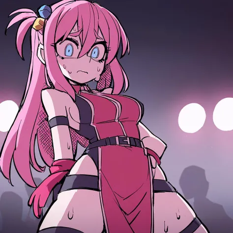 helltaker style, 1girl, hair ornament, cube hair ornament, blue eyes, pink long hair,sideless outfit, pelvic curtain, belt, o-ring, thigh strap,microskirt, bangs, hair between eyes, best quality, on the scene, concert, sweat, <lora:gotou_hitori_xl:1>, <lora:XL_Helltaker-000008:1>