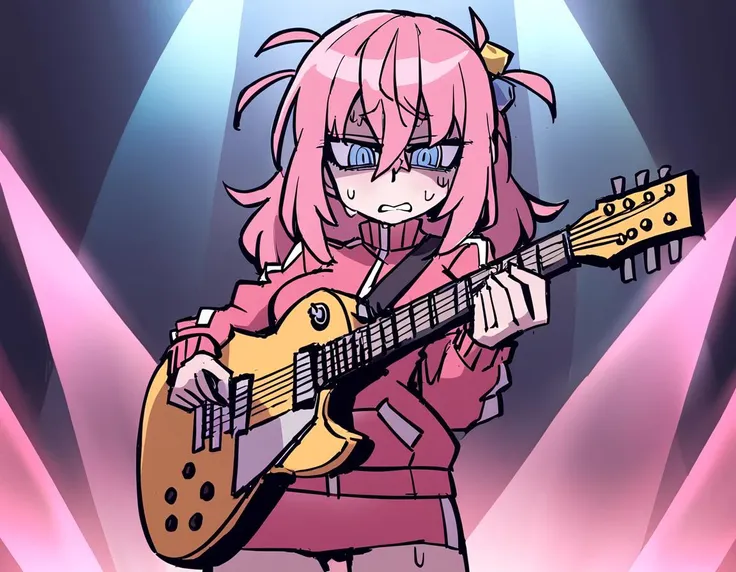 helltaker style, 1girl, holding instrument electric guitar, hair ornament, cube hair ornament, blue eyes, pink long hair, pink track jacket, bangs, hair between eyes, best quality, on the scene, concert, sweat, <lora:gotou_hitori_xl:1>, <lora:XL_Helltaker-000008:1>