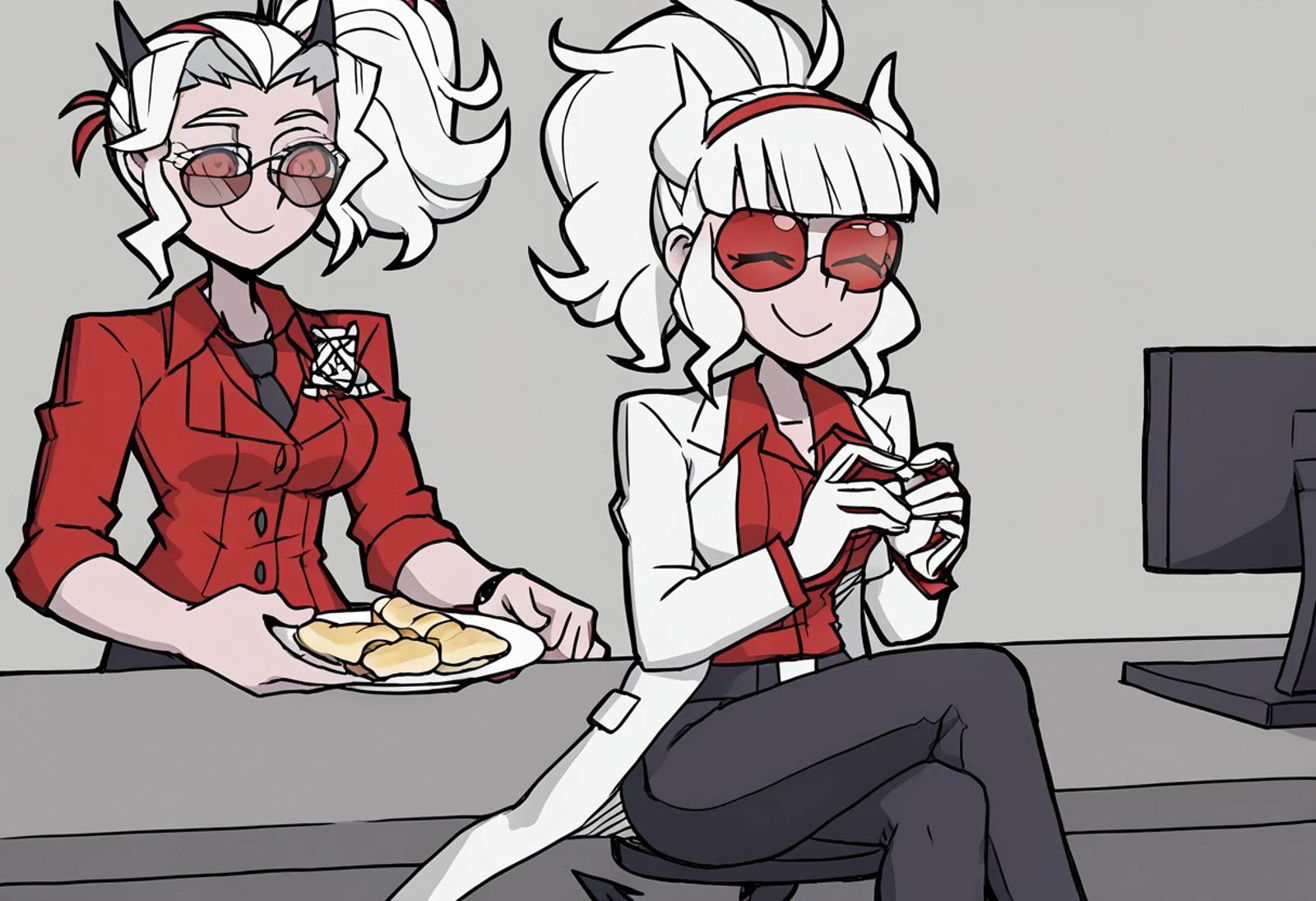 Duo, 2 girls, Helltaker style.
(Luciferdef, mole under eye, long hair, white horns, demon horns, maiden suit, badge, long sleeves, black necktie, white gloves, black pants, demon tail, holding pancakes plate, a calm submissive face, standing, standing next to computer desk,closed eyes, without glasses.) (Loremaster (helltaker), horns, long hair, ponytail, white hair, red-tinted eyewear, white lab coat, red shirt, formal, black pants, sitting at a computer desk, satisfied smile, open eyes)