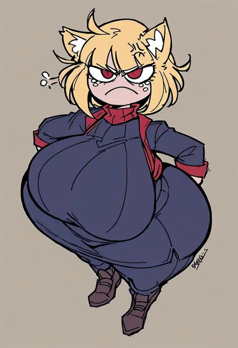 score_9 , BREAK,slit pupils, necoarc,cat ears, chibi, :3, annoyed , angry, big breasts, red eyes,solo, hyper ass, blonde hair,saggy breasts,turtleneck, turtleneck, blue skirt, hyper hips,looking at the viewer, viewed from above,pleated skirt, pantyhose, brown footwear,BREAK, viewed from above,boobs covered,lineless,detail1eye, looking up,Helltaker style