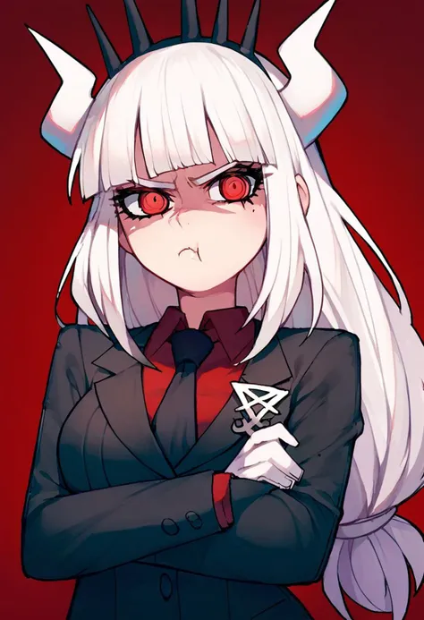 score_9, score_8_up, score_7_up, source_anime, 1girl, lucifer (helltaker), horns, white hair, long hair, blunt bangs, red eyes, red shirt, formal, necktie, Helltaker style, pout, :t, closed mouth, arms crossed