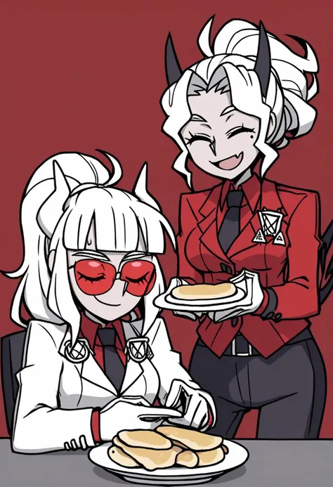 Duo, 2 girls, Helltaker style.
(Luciferdef, mole under eye, long hair, white horns, demon horns, maiden suit, badge, long sleeves, black necktie, white gloves, black pants, demon tail, holding pancakes plate, a calm submissive face, standing, standing next to computer desk,closed eyes, without glasses.) (Loremaster (helltaker), horns, long hair, ponytail, white hair, red-tinted eyewear, white lab coat, red shirt, formal, black pants, sitting at a computer desk, satisfied smile, open eyes)