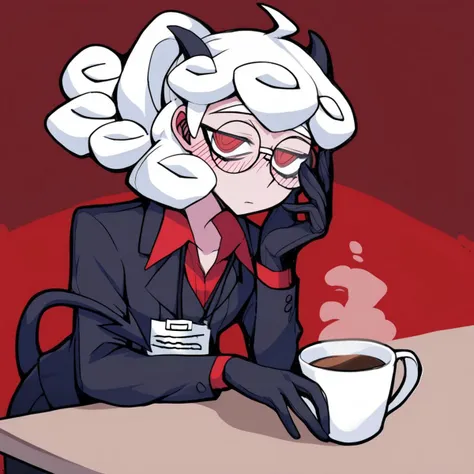 score_9, score_8_up, score_7_up, source_anime, solo, 1girl, htpandemonica, looking at viewer, holding coffee cup, curly hair, ahoge, ponytail, demon horns, round eyewear, glasses, formal, suit, black jacket, long sleeves, black gloves, red shirt, black skirt, demon tail,<lora:helltaker_pandemonica_ponyXL:1>, blush,Sitting at a table in a cafe,