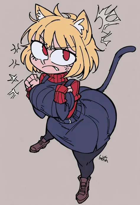 score_9 , BREAK,slit pupils, necoarc,cat ears, chibi, :3, annoyed , angry, big breasts, red eyes,solo, hyper ass, blonde hair,saggy breasts,turtleneck, turtleneck, blue skirt, hyper hips,looking at the viewer, viewed from above,pleated skirt, pantyhose, brown footwear,BREAK, viewed from above,boobs covered,lineless,detail1eye, looking up,Helltaker style