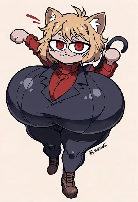 score_9 ,slit pupils, necoarc,cat ears, chibi, :3, smug, hyper breasts, red eyes, solo, hyper ass, blonde hair, turtleneck, turtleneck, hyper hips, brown footwear, boobs covered:1.2), detail1eye, Helltaker style,