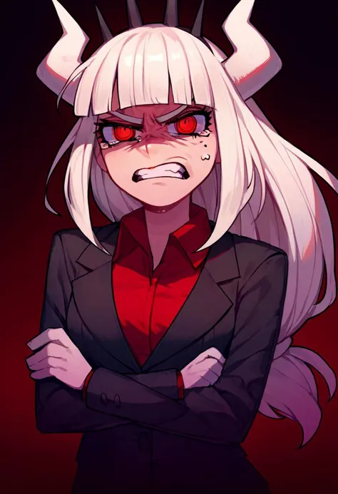 score_9, score_8_up, score_7_up, source_anime, 1girl, lucifer (helltaker), horns, white hair, long hair, blunt bangs, red eyes, red shirt, formal, necktieHelltaker style, disgusted face