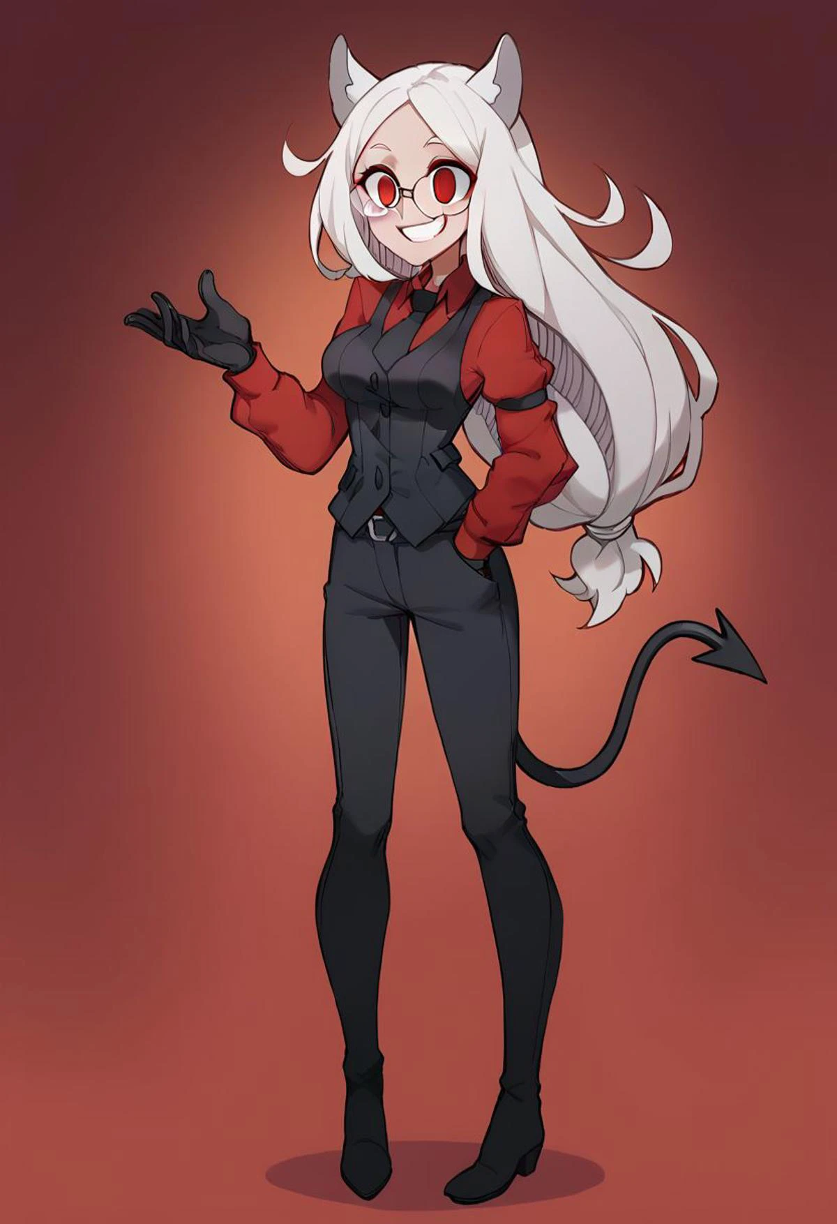 score_9,score_8_up,score_7_up, score_6_up, uncensored, source_anime, 5_fingers, 1girl, solo, zPDXL2, good_hands, semi-rimless eyewear, glasses, long hair, csr style, by hiroyama_hirosh, Helltaker style, transformation, gradient hair, gradient eyes, erberus \(helltaker\), (white hair, long hair, red eyes, dog ears, demon tail:0.9), (red shirt, arm garter, black gloves, black necktie, black pants, black vest, waistcoat:0.9), corruption, possessed, standing, empty eyes, gradient eyes, red eyes, craxy eyes, crazy smile