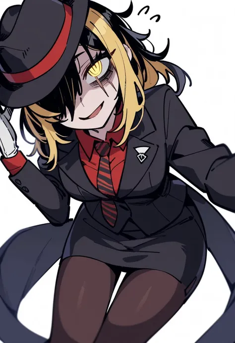 1girl, female focus, ((multicolored hair)), ((black hair)), yellow hair, amber eyes, medium length hair, black jacket, collared shirt, diagonal-striped necktie, gloves, long sleeves, open clothes, red shirt, striped necktie, medium length black skirt, pantyhose leggings, medium sized breasts, scarf around neck, ((large scar under right eye)), sleepy, tired smile, bags under eyes, solo, fedora, looking at viewer, masterpiece, best quality, very aesthetic, absurdres, ultra-detailed, rating_general, perfect eyes, simple background, white background,<lora:xl_Helltaker:1>