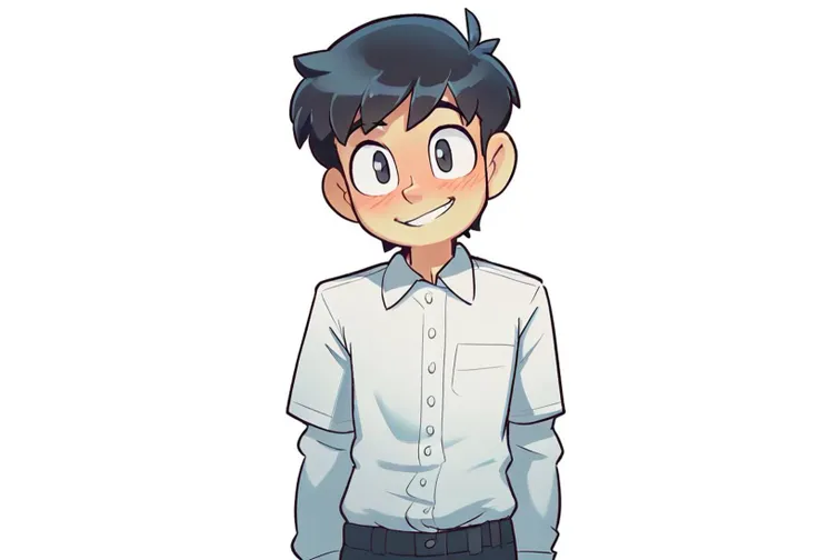 1boy, standing, looking_at_viewer, head_tilt, short_hair, looking_at_viewer, shirt, standing, cowboy_shot, blush,dark_hair, formal_shirt, white_background, smile