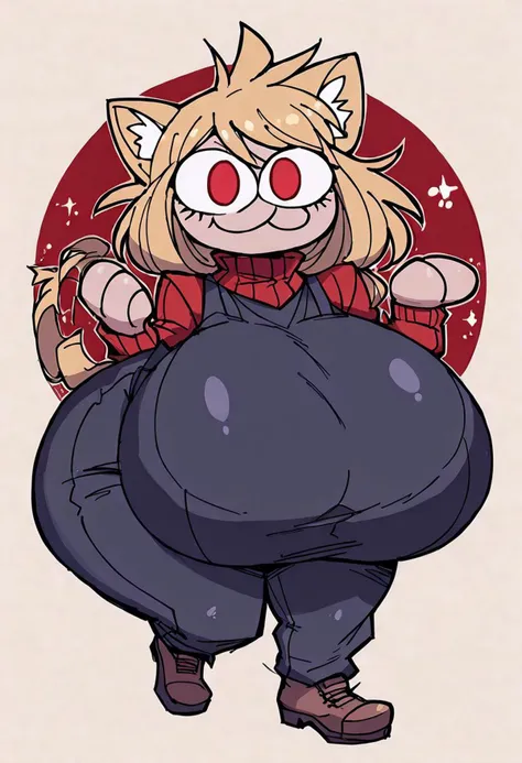 score_9 ,slit pupils, necoarc,cat ears, chibi, :3, smug, hyper breasts, red eyes, solo, hyper ass, blonde hair, turtleneck, turtleneck, hyper hips, brown footwear, boobs covered:1.2), detail1eye, Helltaker style,