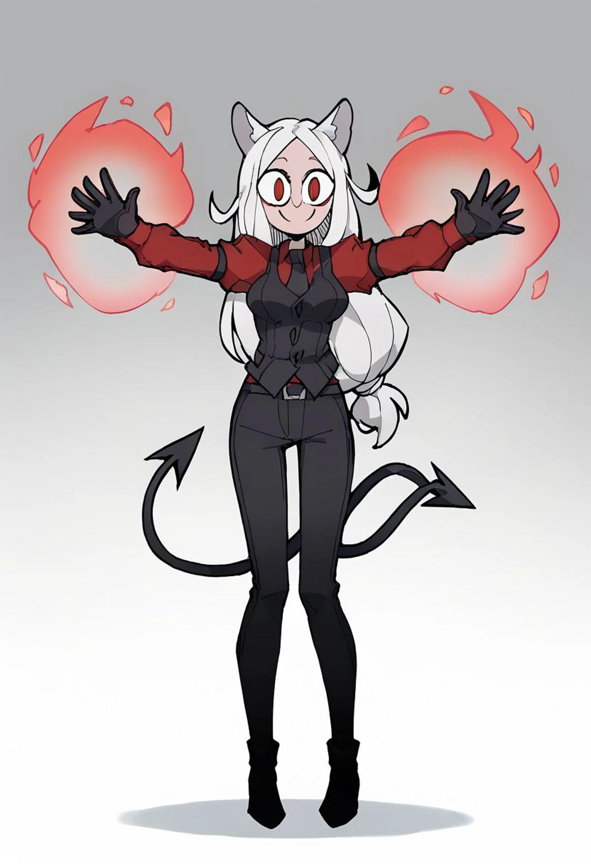 score_9,score_8_up,score_7_up, score_6_up, uncensored, source_anime, 5_fingers, 1girl, solo, zPDXL2, good_hands, long hair, csr style, by hiroyama_hirosh, Helltaker style, tcerberus \(helltaker\), (white hair, long hair, red eyes, dog ears, demon tail:0.9), (red shirt, arm garter, black gloves, black necktie, black pants, black vest, waistcoat:0.9), corruption, possessed, standing, empty eyes, gradient eyes, red eyes, craxy eyes, crazy smile, @_@. swirly eyes, aura, arms outstretched,