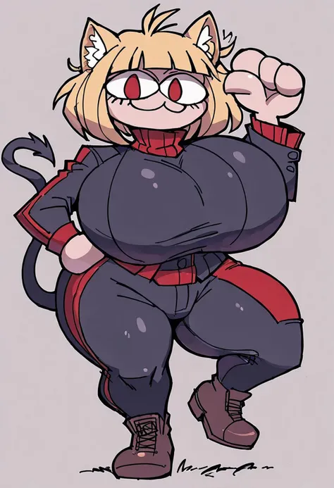 score_9 ,slit pupils, necoarc,cat ears, chibi, :3, smug, hyper breasts, red eyes, solo, hyper ass, blonde hair, turtleneck, turtleneck, hyper hips, brown footwear, boobs covered:1.2), detail1eye, Helltaker style,