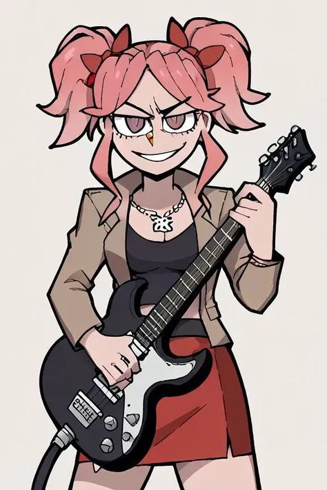 2D, score_9, score_8_up, score_7_up, BREAK, 1girl, Saiko Bichitaru, Pink Hair, Purple Eyes, pigtails, red ribbons,brown jacket, black croptop, red skirt, skull necklace,Helltaker style, guitar<lora:EMS-425994-EMS:1.000000>, <lora:EMS-406758-EMS:0.800000>