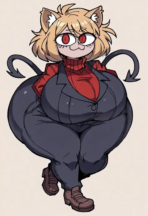 score_9 ,slit pupils, necoarc,cat ears, chibi, :3, smug, hyper breasts, red eyes, solo, hyper ass, blonde hair, turtleneck, turtleneck, hyper hips, brown footwear, boobs covered:1.2), detail1eye, Helltaker style,