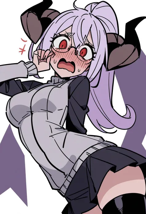 1girl, female focus, purple hair, red eyes, long hair, hair in ponytail, goat horns, turtleneck sweater, glasses, slight blush, shy, medium breasts, expressive, flustered, thigh highs, pleaded skirt, skinny body type, looking at viewer, masterpiece, best quality, very aesthetic, absurdres, ultra-detailed, rating_general, perfect eyes, simple background, white background,<lora:xl_Helltaker:1>