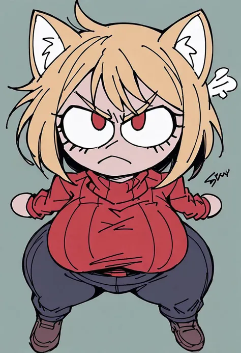 score_9 ,slit pupils, necoarc,cat ears, chibi, :3, annoyed , angry, big breasts, red eyes,solo, hyper ass, blonde hair,saggy breasts,turtleneck, turtleneck, (hyper hips,looking at the viewer, viewed from above, brown footwear, viewed from above,boobs covered:1.2),detail1eye, looking up,Helltaker style,Hand