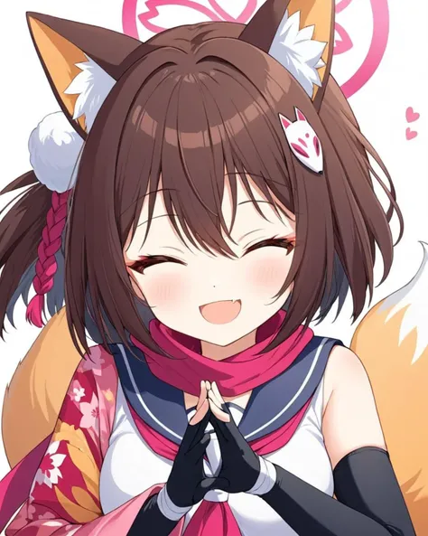 izuna \(blue archive\),1girl, one_eye_closed, solo, heart_hands, looking_at_viewer, scarf, partially_fingerless_gloves, smile, halo, white_background, simple_background, serafuku, black_gloves, hair_ornament, fang, sailor_collar, fox_girl, ;d, sleeveless, spoken_heart, floral_print, fox_shadow_puppet, open_mouth, fox_tail, one_side_up, animal_ear_fluff, breasts, japanese_clothes, upper_body
<lora:izuna_(blue_archive)_image2170_2023-11-28-000008:1>halo. gorgeous,key visual, vibrant, studio anime,award-winning, professional, highly detailed,high budget, cinemascope