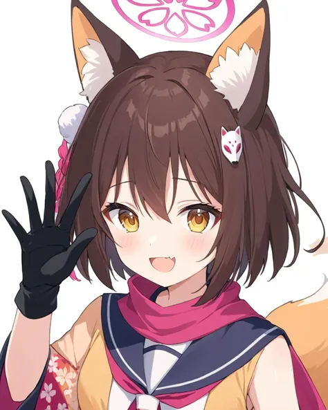 breathtaking,izuna \(blue archive\),1girl, solo, looking at viewer, blush, open mouth, simple background, hair ornament, gloves, white background, school uniform, tail, upper body, :d, japanese clothes, serafuku, sleeveless, black gloves, fang, wide sleeves, sailor collar, kimono, scarf, neckerchief, animal ear fluff, fox tail, halo, floral print, fox girl, partially fingerless gloves, fox shadow puppet, pink scarf, double fox shadow puppet
<lora:Izuna_image170_v1-000045:1> . gorgeous,key visual, vibrant, studio anime,award-winning, professional, highly detailed,high budget, cinemascope