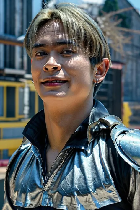 full shot ,(((man:1.5))), (8k, RAW photo, best quality, masterpiece:1.2), (realistic, photo-realistic:1.4), (extremely detailed CG unity 8k wallpaper) , ((smile brightly face, close up shot portrait of a charming attractive Sxnsx as god, muscle pose, flex muscle, the king of the devas and god of thunder, in a celebration costume adorned with intricate and ornate cybernetic armor and jewelry. The image should feature a muscle-full body with realistic anatomy, set against a backdrop of thunder and mercury elements. The armor and costume should be detailed with iridescent gems and decaying cybernetic elements :1.4)),((super biggest muscle chest )), ((muscular arms and a broad chest, strong, athletic, muscle:1.3 )), hyper detailed, bright pastel colors, soft lighting, strong backlight, beautiful lighting , hyperreal, front shot, ((random photorealistic full pose :1.3)),(day scene:1.2) 4k, cinematic, widescreen, zoom in, intricate detail, finely detailed, hyper detailed, insane details, centered, epic composition, smooth, extreamly realistic, cenematic, attractive beautiful, hyper realistic, photographed by Canon EOS 6D Mark II RF <lora:Sxnsx:0.85>