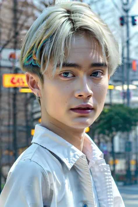 (((1 man:1.4))),male focus, (photorealistic:1.4),(masterpiece:1.3),(best quality:1.4), (8k, RAW photo, best quality, masterpiece:1.2), ( lightning ,night scene:1.2), ((muscular arms and a broad chest, strong, athletic, muscle, :1.3 )),((( close up shot handsome Sxnsx multicolored hair, detailed hair, Buzz hair cut, light blue eyes, pale skin :1.5))) wear highly detailed with reflections iridescent opaque oversized jacket, hyper detailed ornaments, off shoulder sweater, streetwear, portrait, tokyo street background, bokeh,hottie body, warm impression, showing upper body, shy, blushing, fresh-looking, pastel colors, the most beautiful twisted boy, tan skin, looking away, hdr, holographic, neon, beautifully detailed eyes, beautifully detailed eyelashes, iridescent, 4k, cinematic, widescreen, zoom out, intricate detail, finely detailed, hyper detailed, insane details <lora:Sxnsx:0.85>