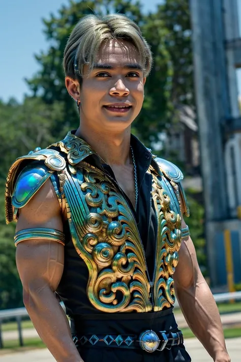 full shot ,(((man:1.5))), (8k, RAW photo, best quality, masterpiece:1.2), (realistic, photo-realistic:1.4), (extremely detailed CG unity 8k wallpaper) , ((smile brightly face, close up shot portrait of a charming attractive Sxnsx as god, muscle pose, flex muscle, the king of the devas and god of thunder, in a celebration costume adorned with intricate and ornate cybernetic armor and jewelry. The image should feature a muscle-full body with realistic anatomy, set against a backdrop of thunder and mercury elements. The armor and costume should be detailed with iridescent gems and decaying cybernetic elements :1.4)),((super biggest muscle chest )), ((muscular arms and a broad chest, strong, athletic, muscle:1.3 )), hyper detailed, bright pastel colors, soft lighting, strong backlight, beautiful lighting , hyperreal, front shot, ((random photorealistic full pose :1.3)),(day scene:1.2) 4k, cinematic, widescreen, zoom in, intricate detail, finely detailed, hyper detailed, insane details, centered, epic composition, smooth, extreamly realistic, cenematic, attractive beautiful, hyper realistic, photographed by Canon EOS 6D Mark II RF <lora:Sxnsx:0.85>