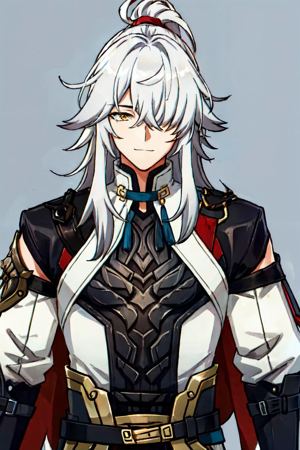 jing yuan(hsr), hair over one eye, 1boy, long hair, white hair, closed mouth, solo, upper body, looking at viewer, smile, male focus, yellow eyes , muscular male,