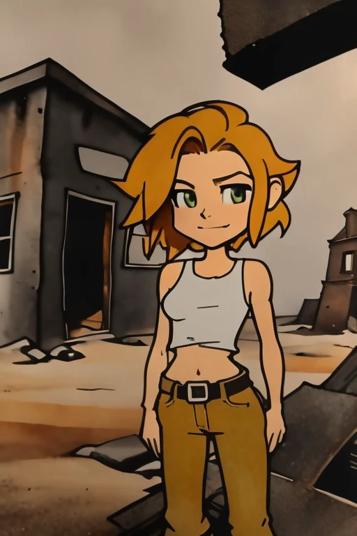 1920s animation,  23yo woman,  closeup upper body, middle shot,
andrew vasiliev style,Polaroid,
([Heidi( :0)Klum|Nicole( :0)Ki(:0)dman| Emmanuelle( :0)Chriqui]:0.9), sturdy,
Tan jeans,
highres, detailed, cute,, realistic,
Post-apocalyptic wasteland and rusted structures at the background, best quality, masterpiece,
<lora:steamboat_willie:1>