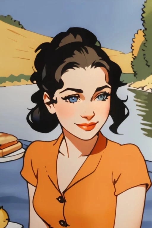 1920s animation,  21yo woman,  closeup upper body, middle shot, 
jiri tulach style,,
([Alyssa( :0)Milano|Winona( :0)Ryder| Ana( :0)de( :0)Armas]:0.9), blue,
Orange , 
 highres, detailed, cute,well dressed, realistic, 
Riverside picnic and sunny afternoon at the background, best quality, masterpiece, 
<lora:steamboat_willie:1>