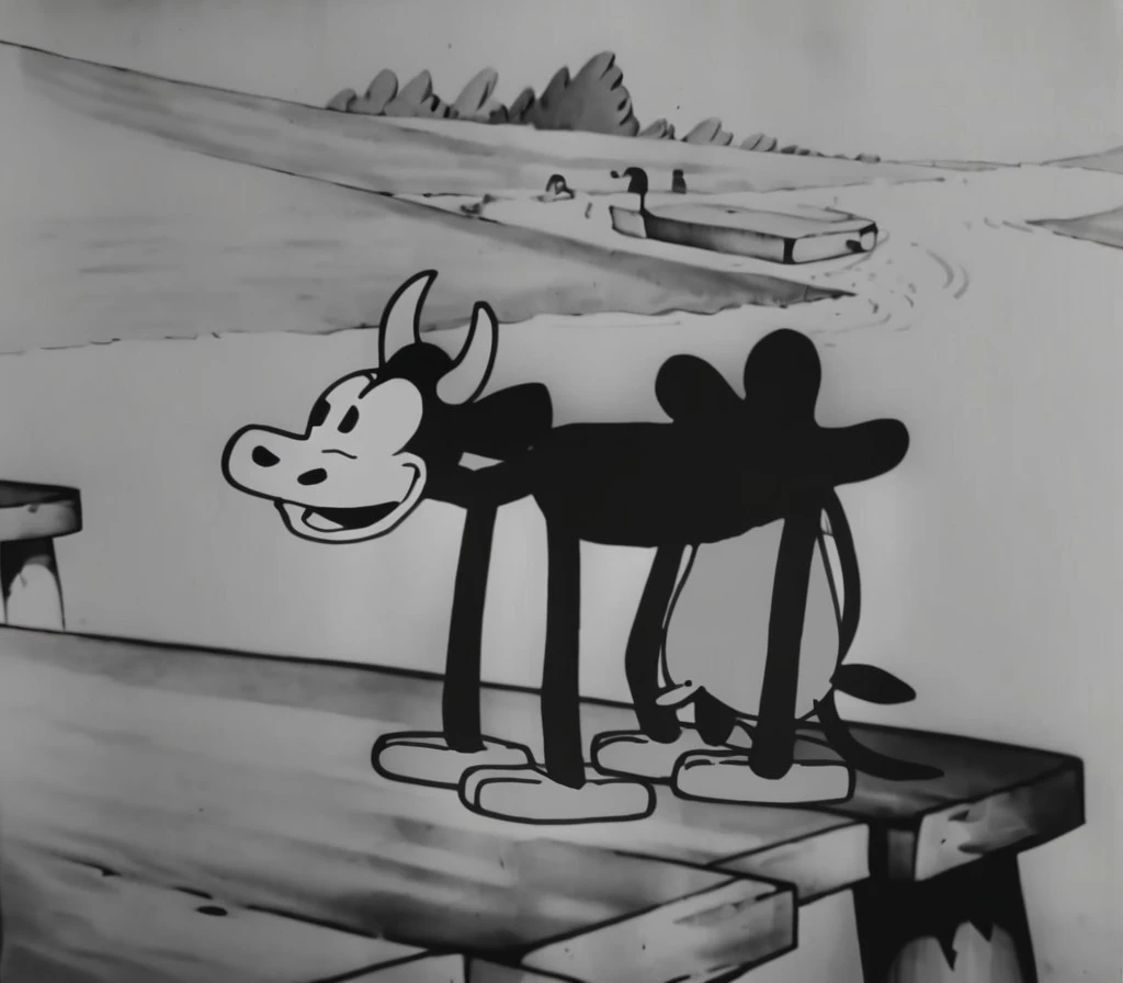 1920s animation, open mouth, skinny cow focus on pier, cow tail straight up, nature, scenery in the background
<lora:steamboat_willie:1>