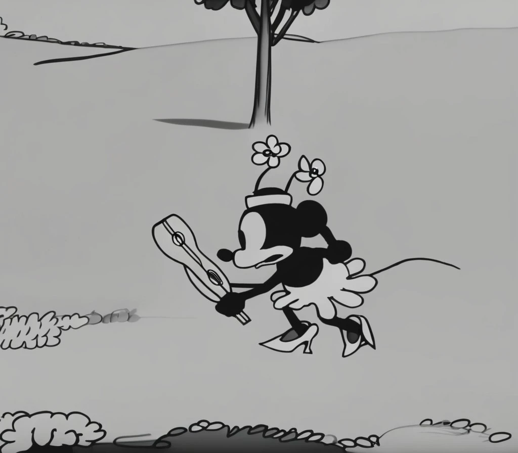 1920s animation, minnie mouse running on path and holding ukulele and paper roll, solo, tree
<lora:steamboat_willie:1>