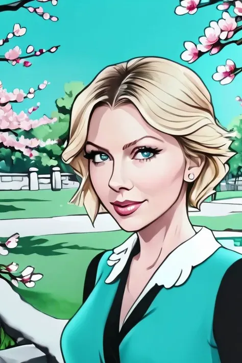 1920s animation, young woman,  closeup upper body, middle shot, 
olga boyko style,digital art,
([Faith( :0)Hill|Charlize( :0)Theron| Taylor( :0)Swift]:0.9), terrifying,
Turquoise , 
 highres, detailed, cute,well dressed, realistic, 
Cherry blossom park and spring day at the background, best quality, masterpiece,
<lora:steamboat_willie:1>