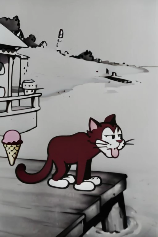 1920s animation, cat, upper body, middle shot,
, unadvised,
Maroon,
highres, detailed,
Boardwalk and seaside and ice cream stands at the background, best quality, masterpiece,
<lora:steamboat_willie:1>